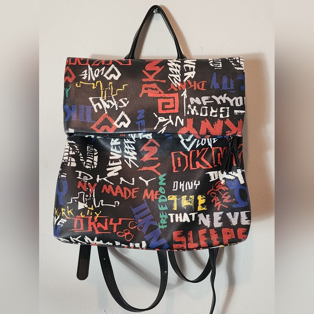 DKNY LEATHER TILLY FOLD OVER NEW YORK GRAFFITI BACKPACK